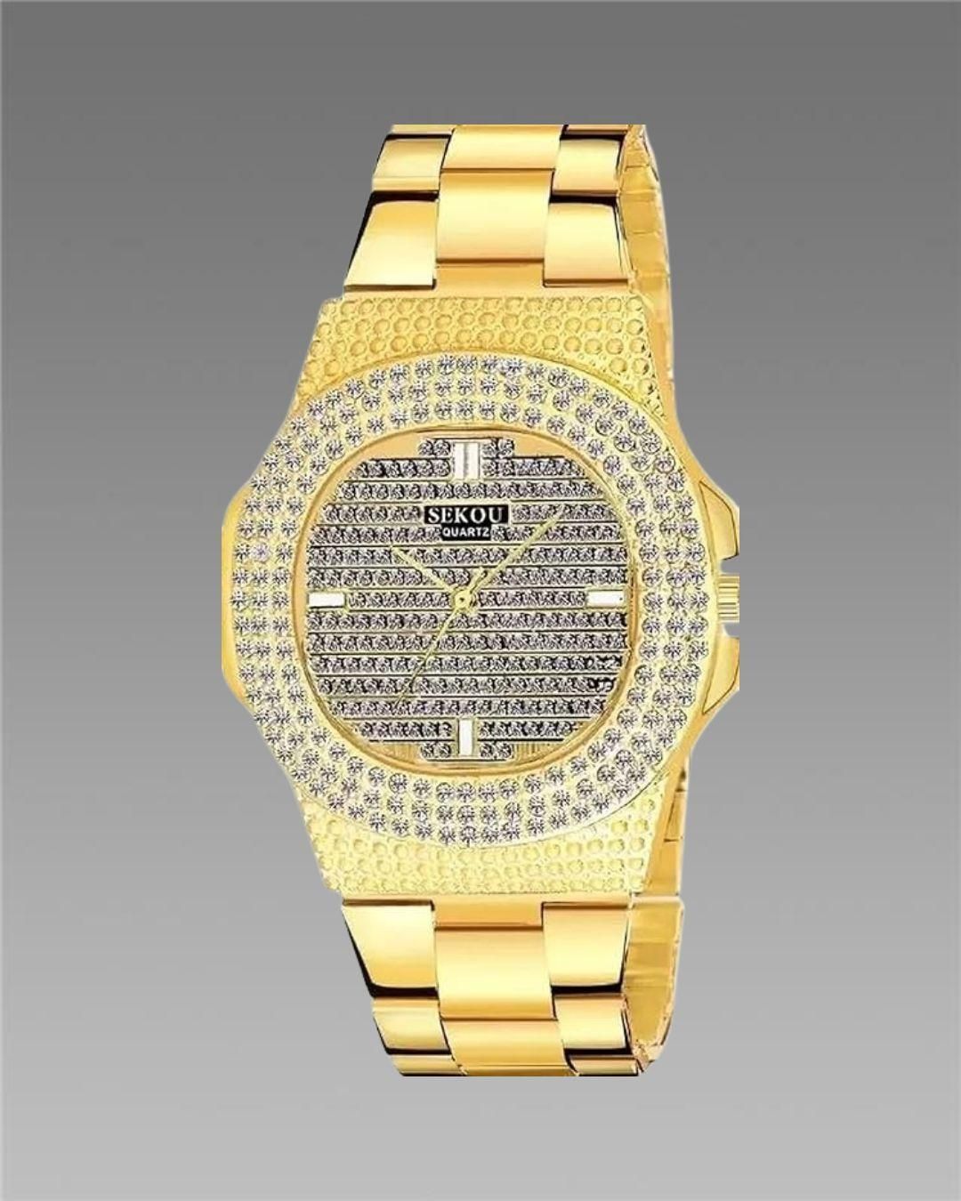 Golden Stone Studded Diamond Wrist Watch For Boys & Men